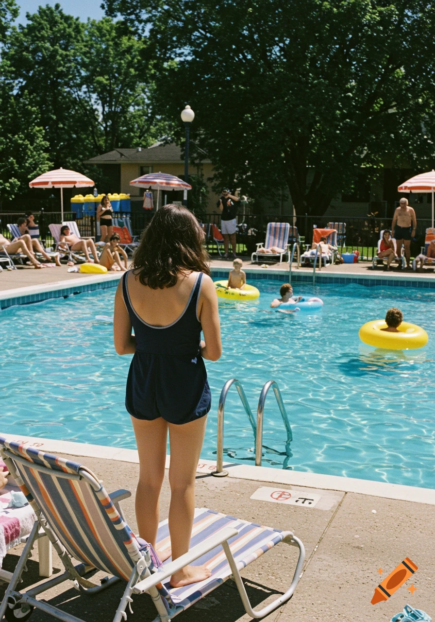 A woman stands by a pool looking at people swimming and sunbathing.