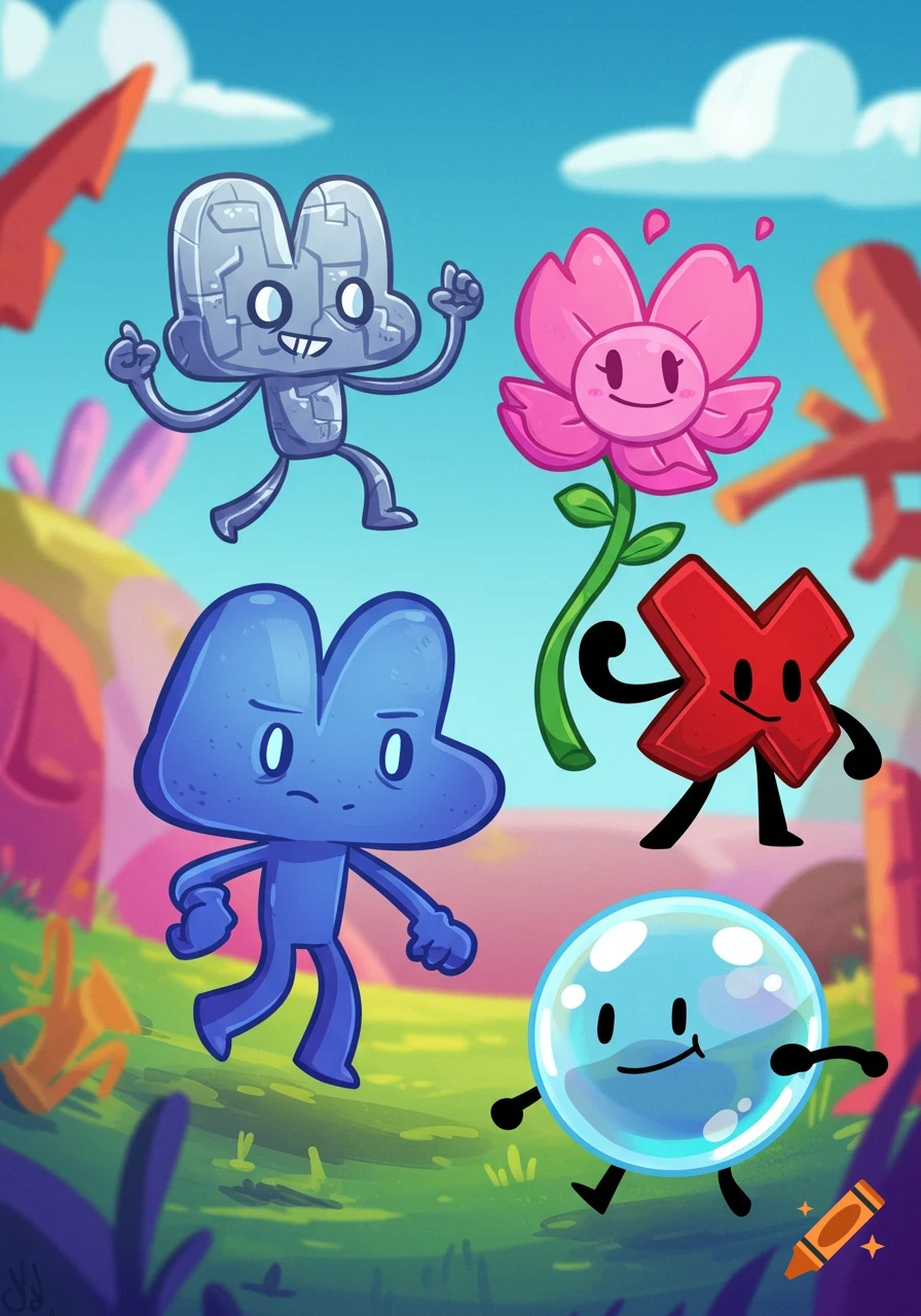Cartoon characters Four, X, Flower, and Bubble stand in a colorful landscape.