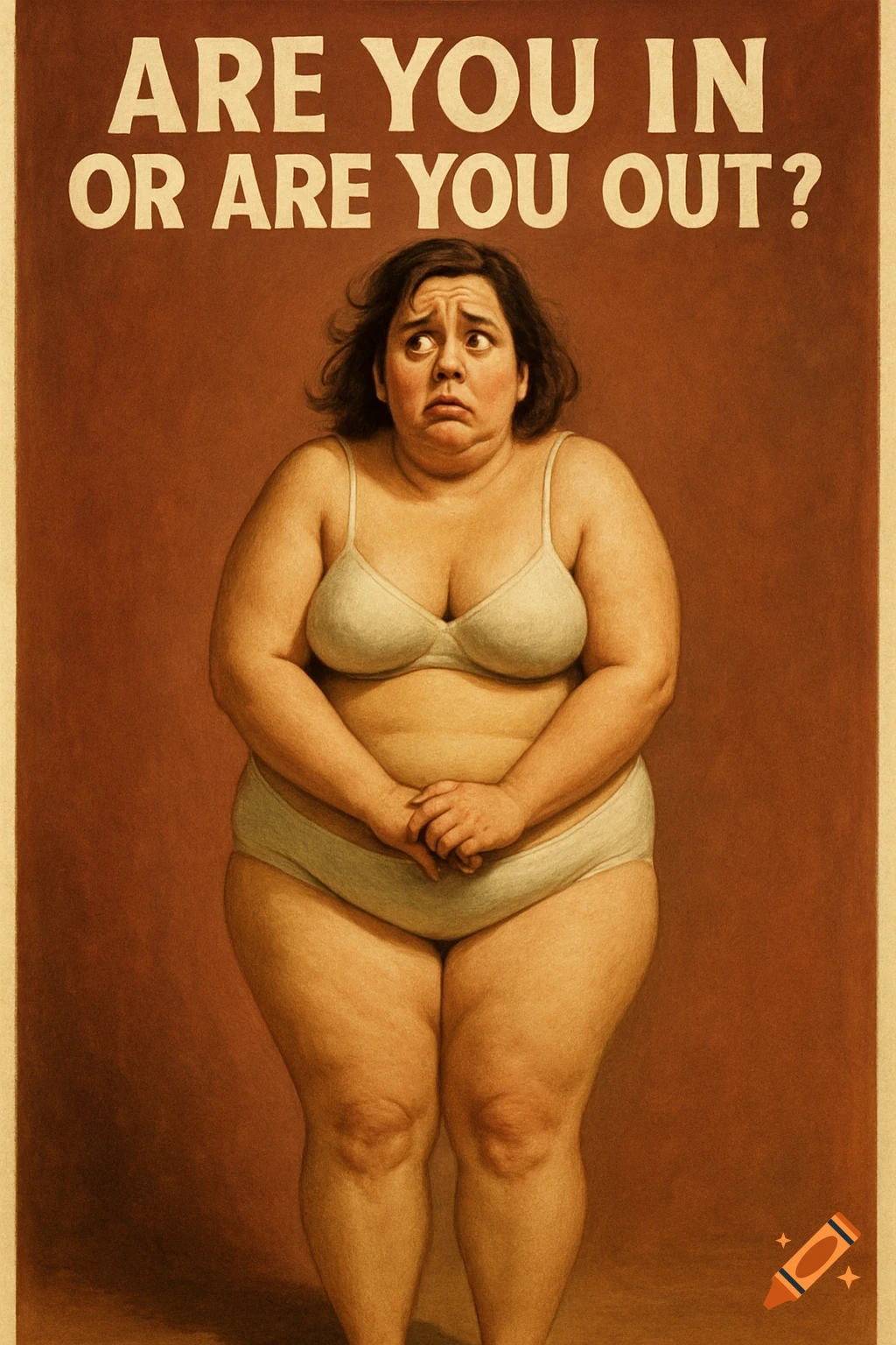 Stylized drawing of a worried woman in underwear standing beneath the text 'Are you in or are you out?'