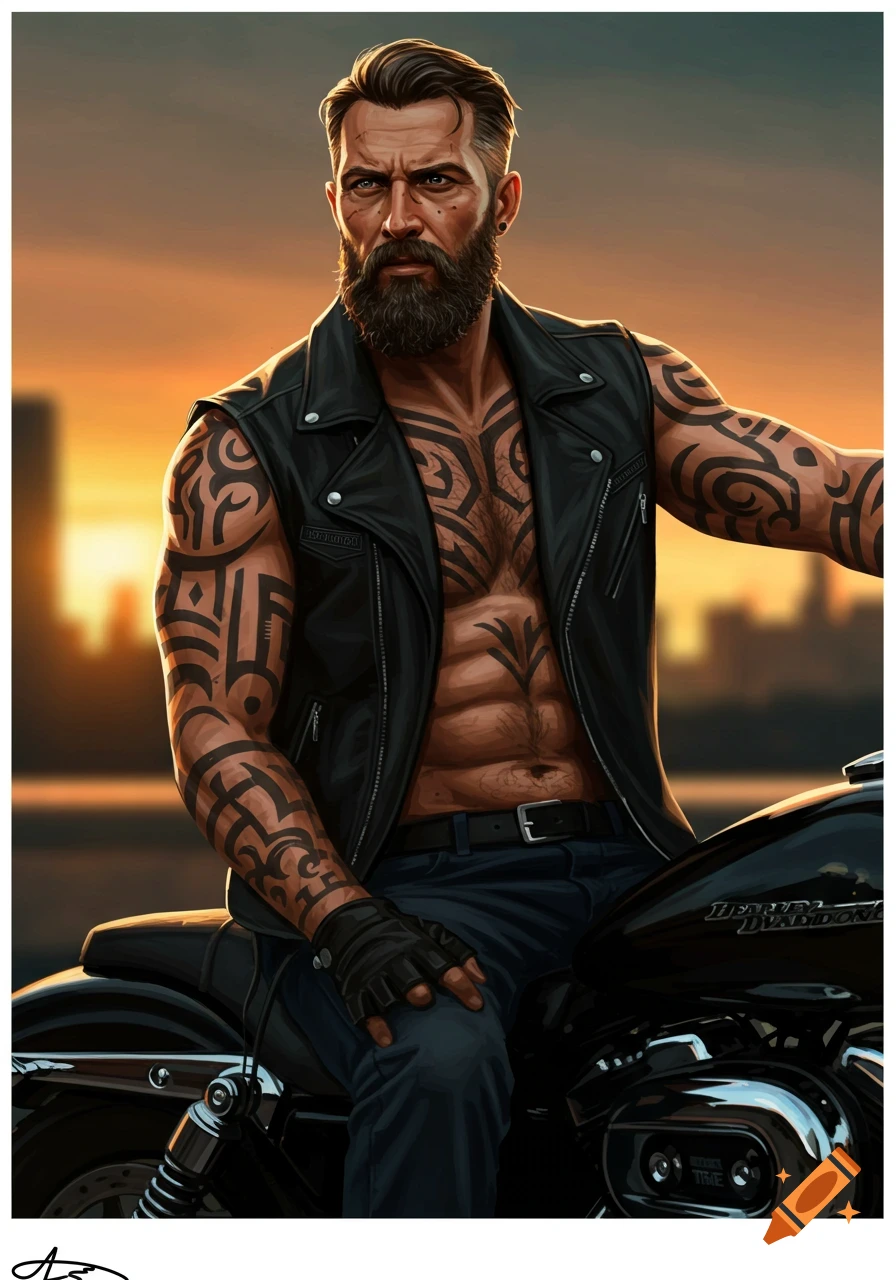 Illustration of a muscular, tattooed man in a leather vest sitting on a motorcycle at sunset.