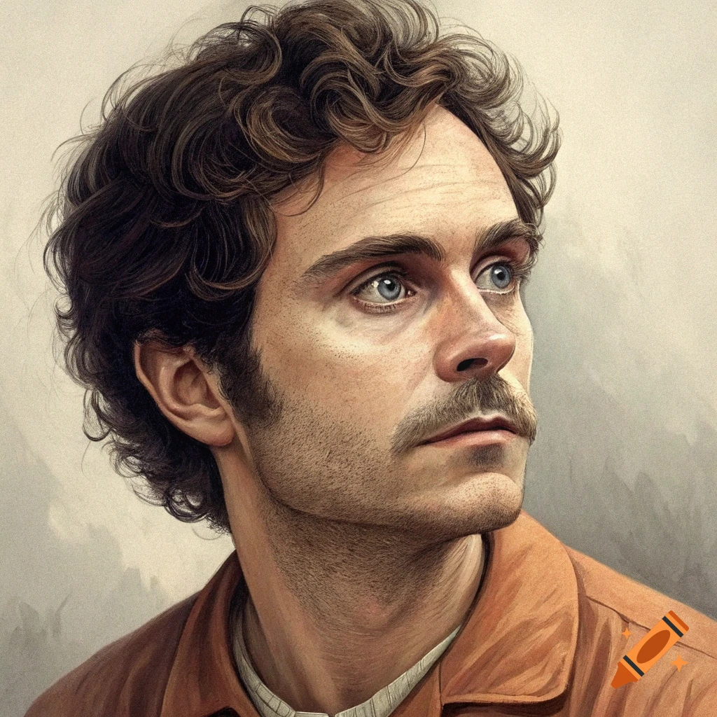 Realistic illustration portrait of a man with curly brown hair, blue eyes, and a mustache, wearing an orange shirt, looking away.