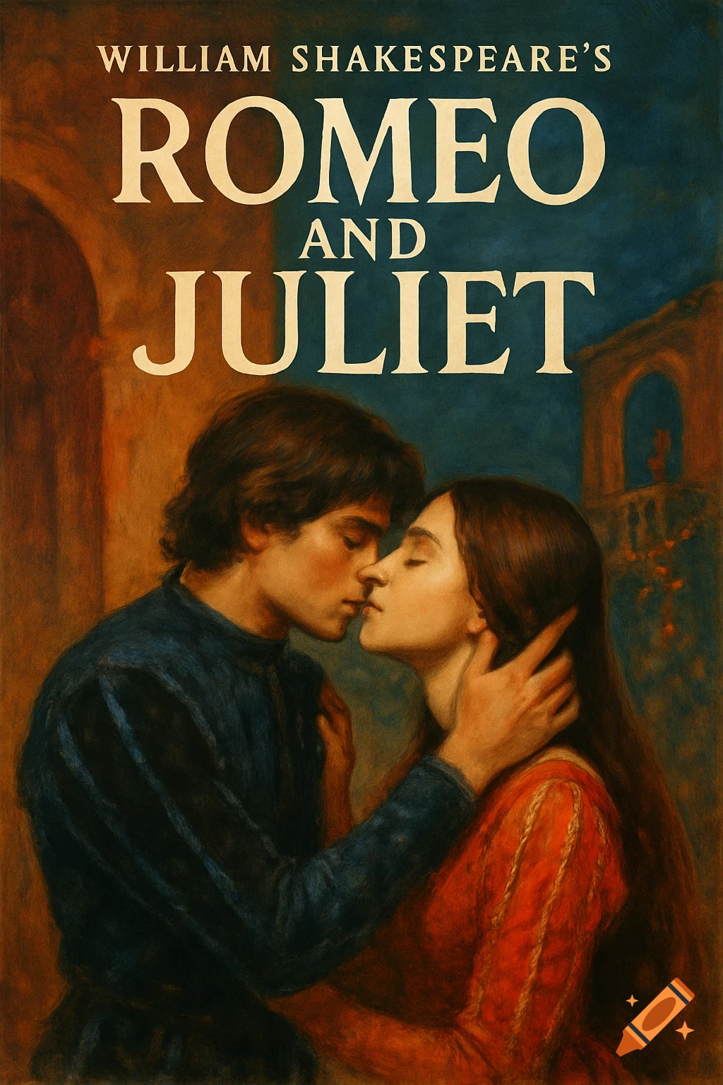 Illustrated poster for Romeo and Juliet showing a couple kissing