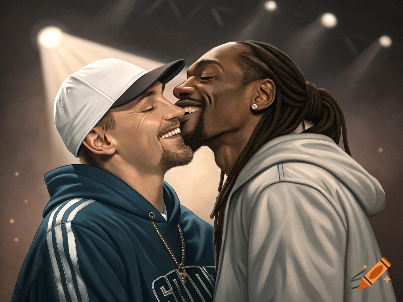 Stylized illustration of two men resembling Eminem and Snoop Dogg kissing on a stage.