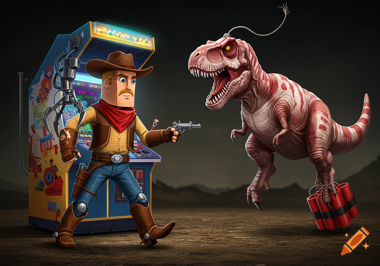 A cartoon cowboy made of an arcade machine faces a T-Rex made of dynamite in a stand-off.
