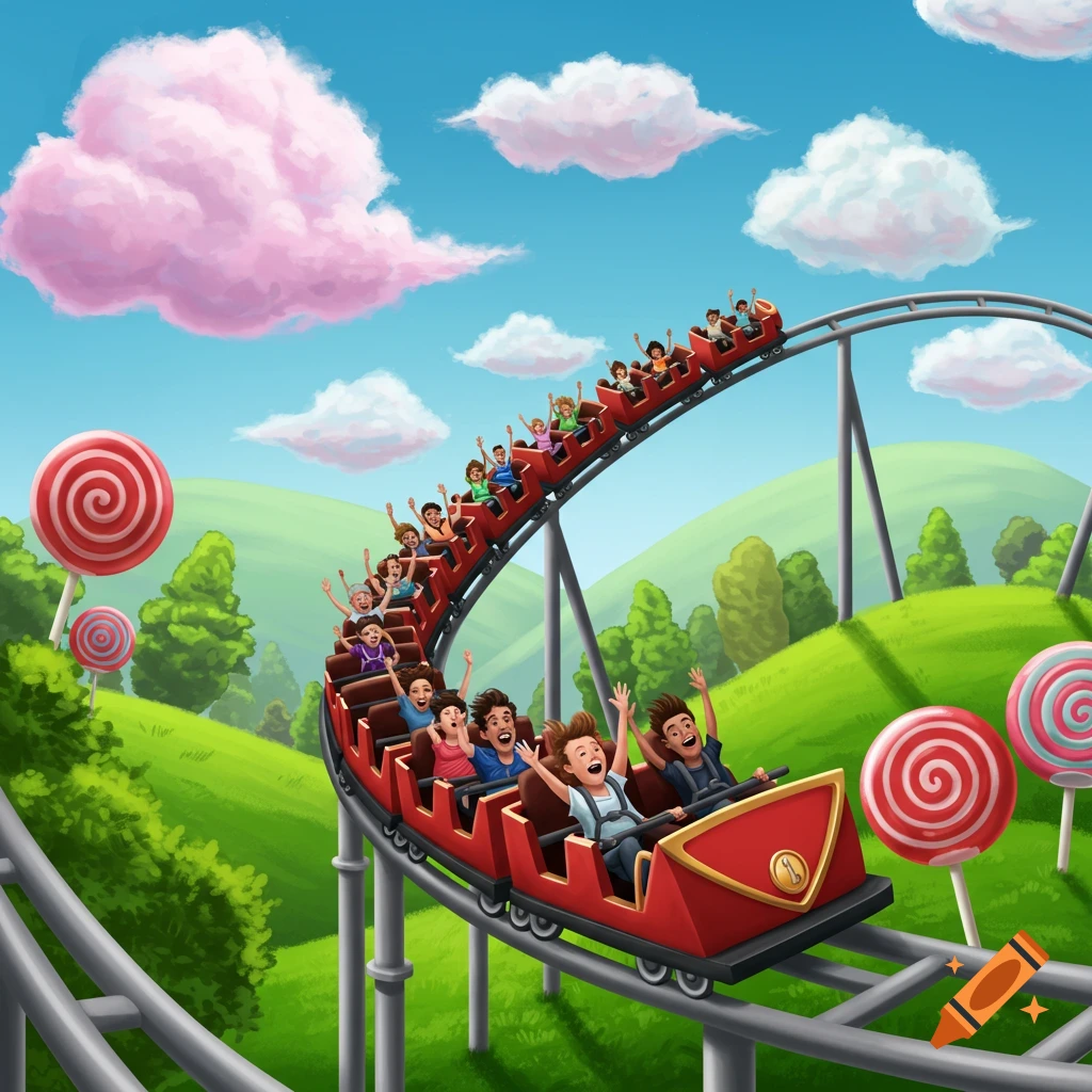 Illustration of happy people riding a red rollercoaster in a colorful theme park with giant lollipops.