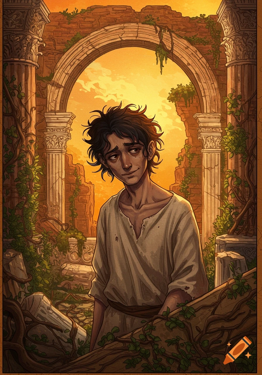 Young man in tattered clothes stands among ancient ruins in a stylized illustration.