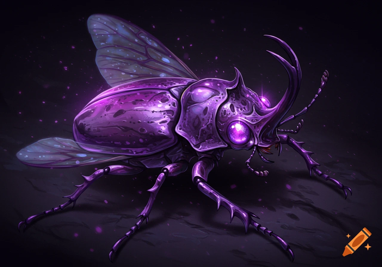 A stylized purple beetle with iridescent wings, glowing purple eyes, and spiky armor.