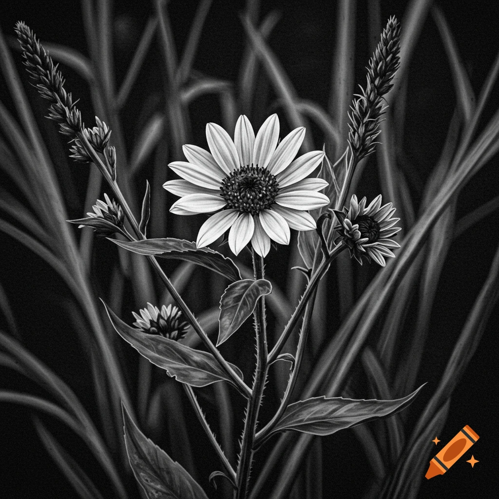 Black and white drawing of a wild sunflower and grass