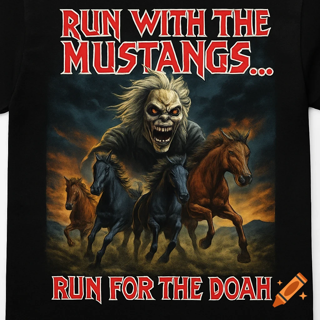Dark illustration of a monstrous figure and horses running, with text Run With The Mustangs... Run For The Doah.