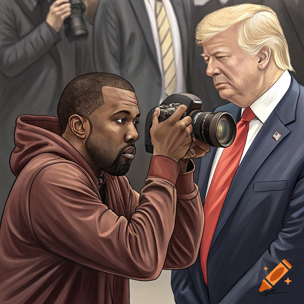 Illustration of Kanye West holding a camera pointed at Donald Trump.
