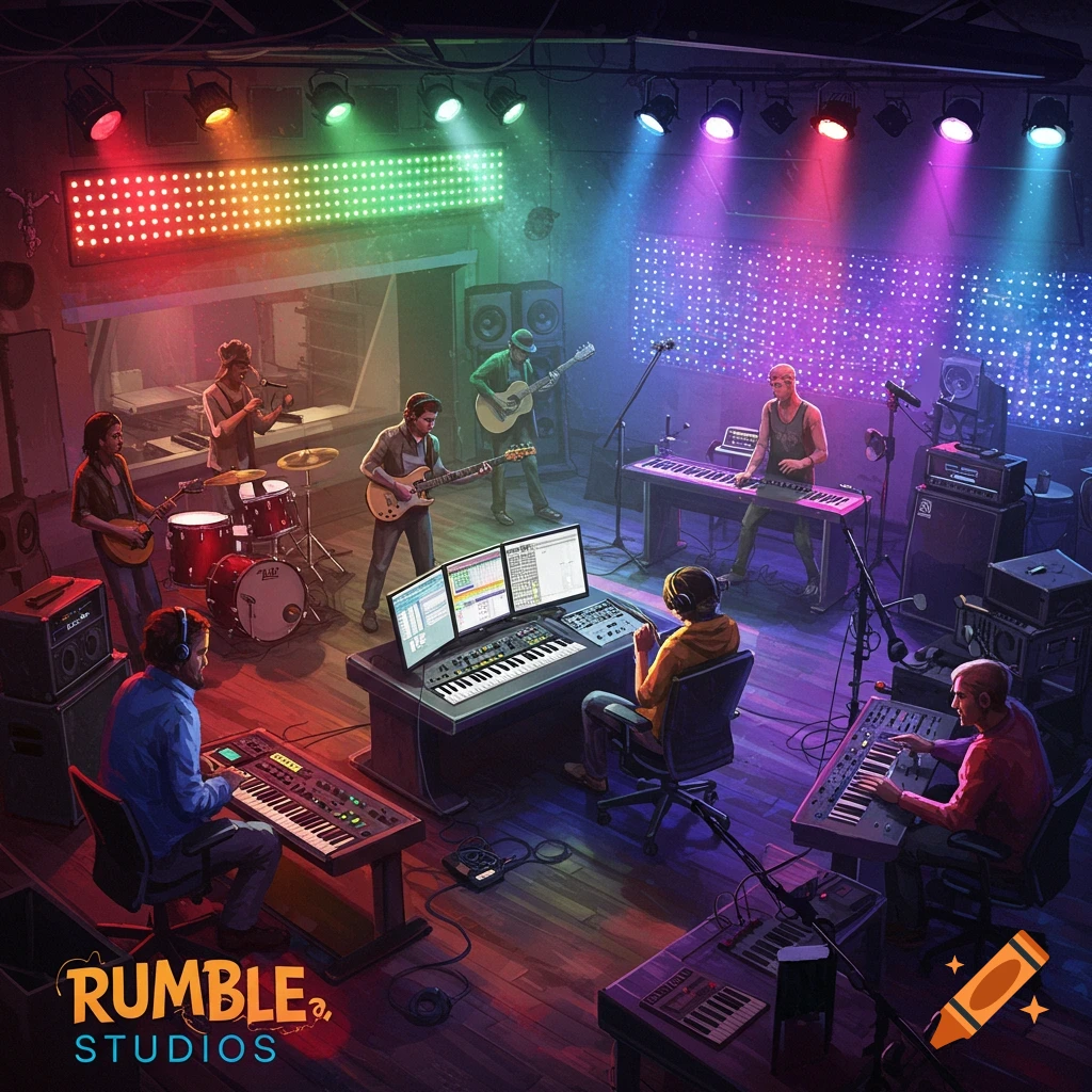 A band plays instruments in a colorful, lit recording studio.