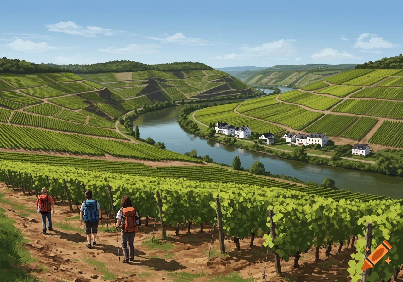 Artistic drawing of hikers on a path through vineyards overlooking a river and village.