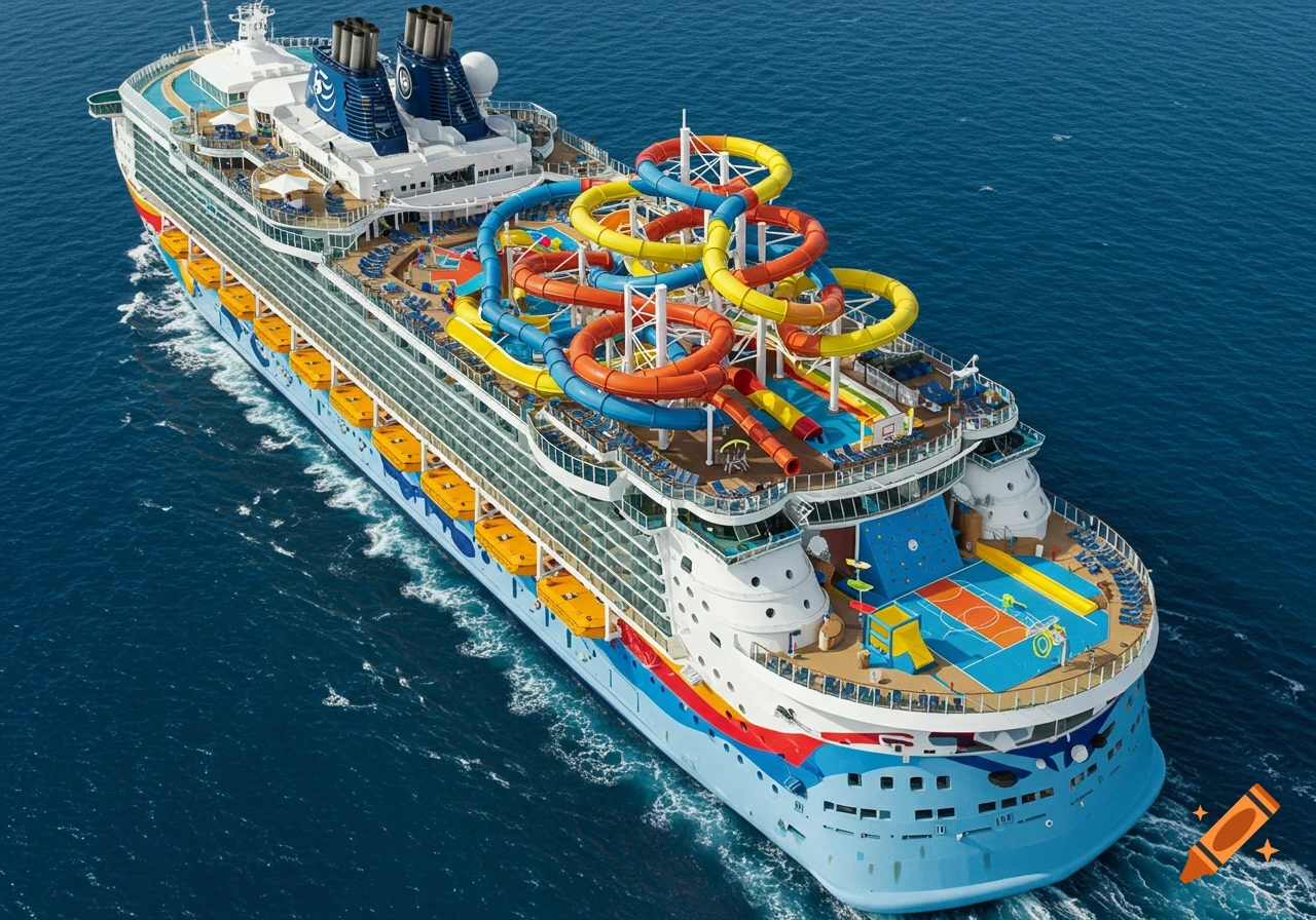 Aerial view of a colorful cruise ship with large water slides and a sports court on the upper deck sailing on the ocean.
