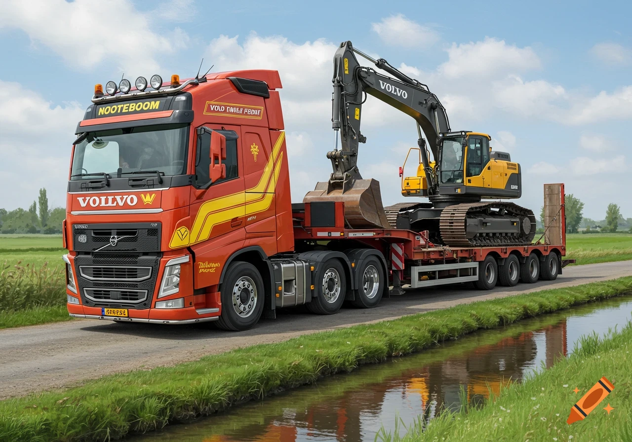 A red Volvo truck with a lowbed trailer carries a yellow Volvo excavator down a road next to a canal.