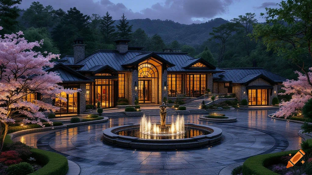 A large luxurious mansion at night with a circular driveway and lighted fountain, surrounded by cherry blossom trees and landscaping.