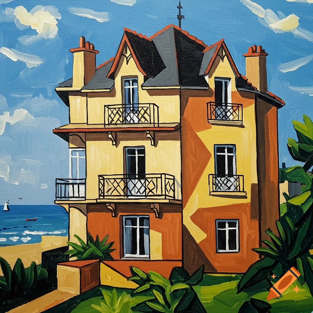 Painting of a coastal house by the sea in a stylized art style.