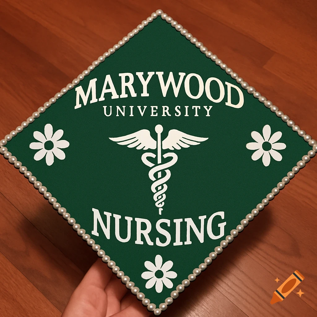 Green graduation cap decorated with white pearls, flowers, caduceus, and text