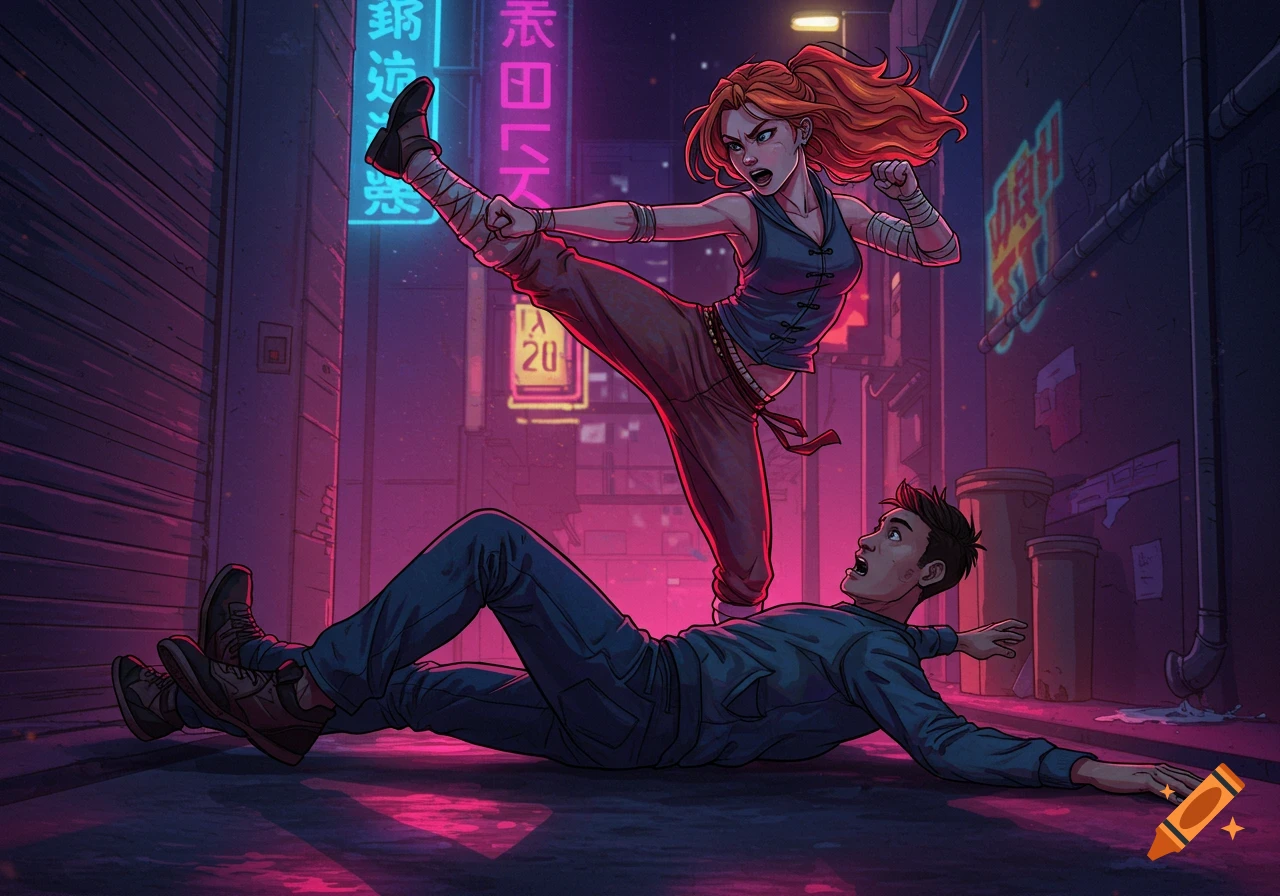 A woman in a cyberpunk alley delivers a high kick to a man who is falling to the ground.