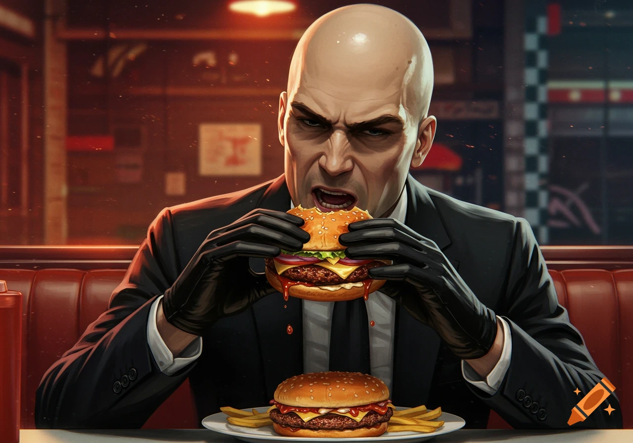 A bald man in a suit and gloves aggressively eats a burger in a diner, another burger is on the table.