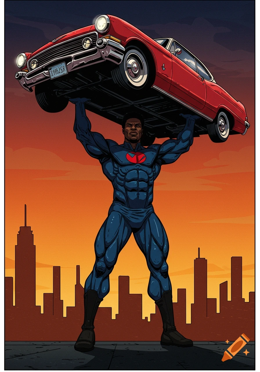 A muscular superhero in a blue suit lifts a red classic car above his head on a rooftop, with a city skyline against an orange sunset sky, in a comic book style.