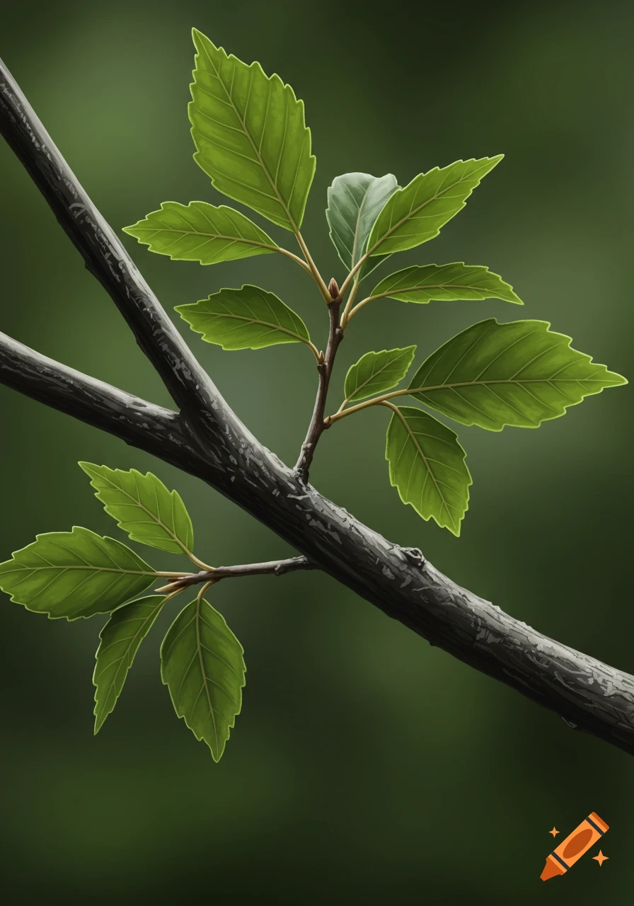 Close up of a tree branch with green leaves against a blurred green background.