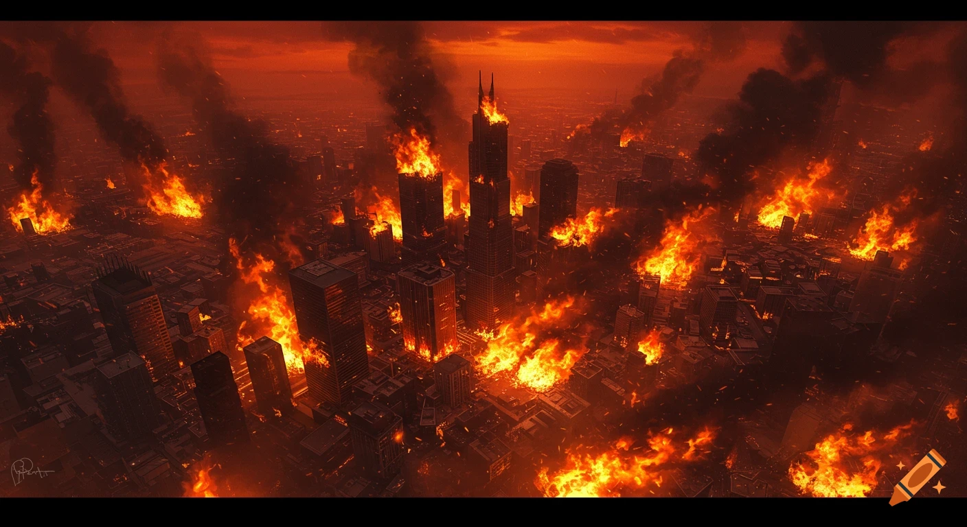 Aerial view of a city on fire during an apocalypse