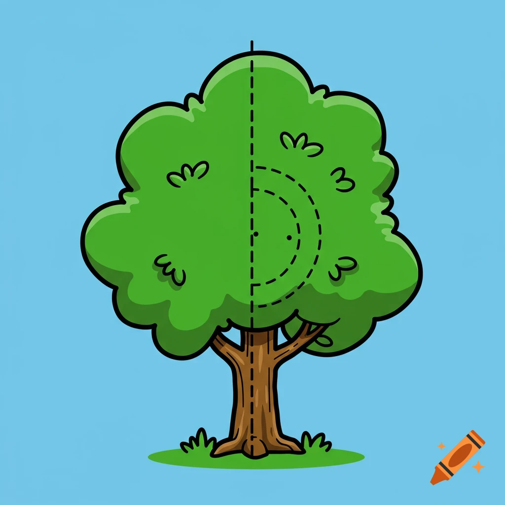 Cartoon drawing of a tree split down the middle with dashed lines showing hidden internal structure.