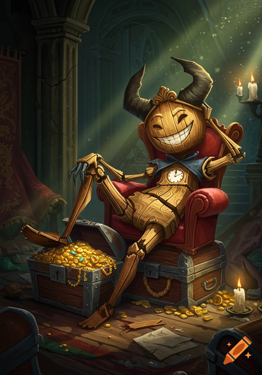 Wooden creature with horns and clock face sits on a chair next to chests of gold in a fantasy setting. Painterly illustration.