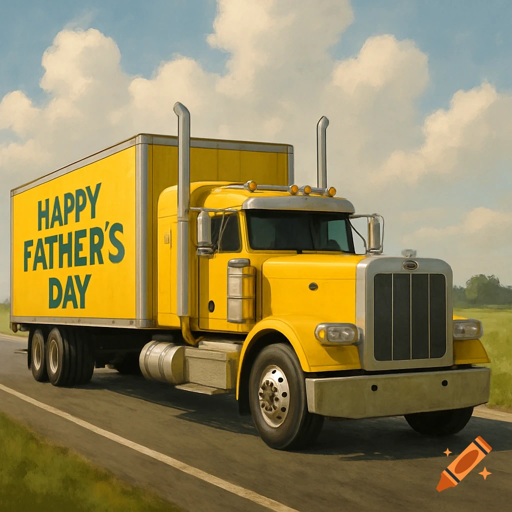 A yellow semi-truck and trailer drives down a road with 'Happy Father's Day' written on the side, in a painted style.