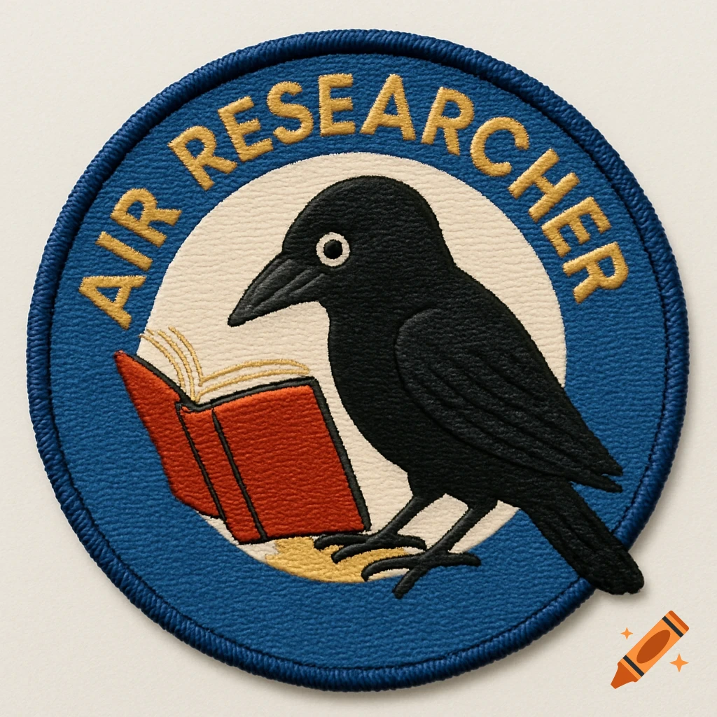 Embroidered patch with a crow reading a book and text 'AIR RESEARCHER'