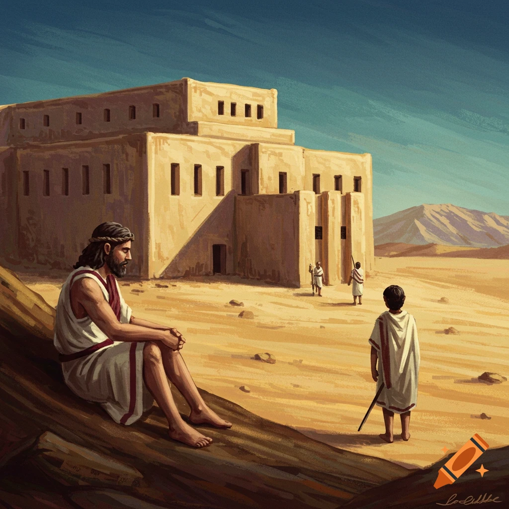 Illustration of a man and boy in a desert with an ancient building.