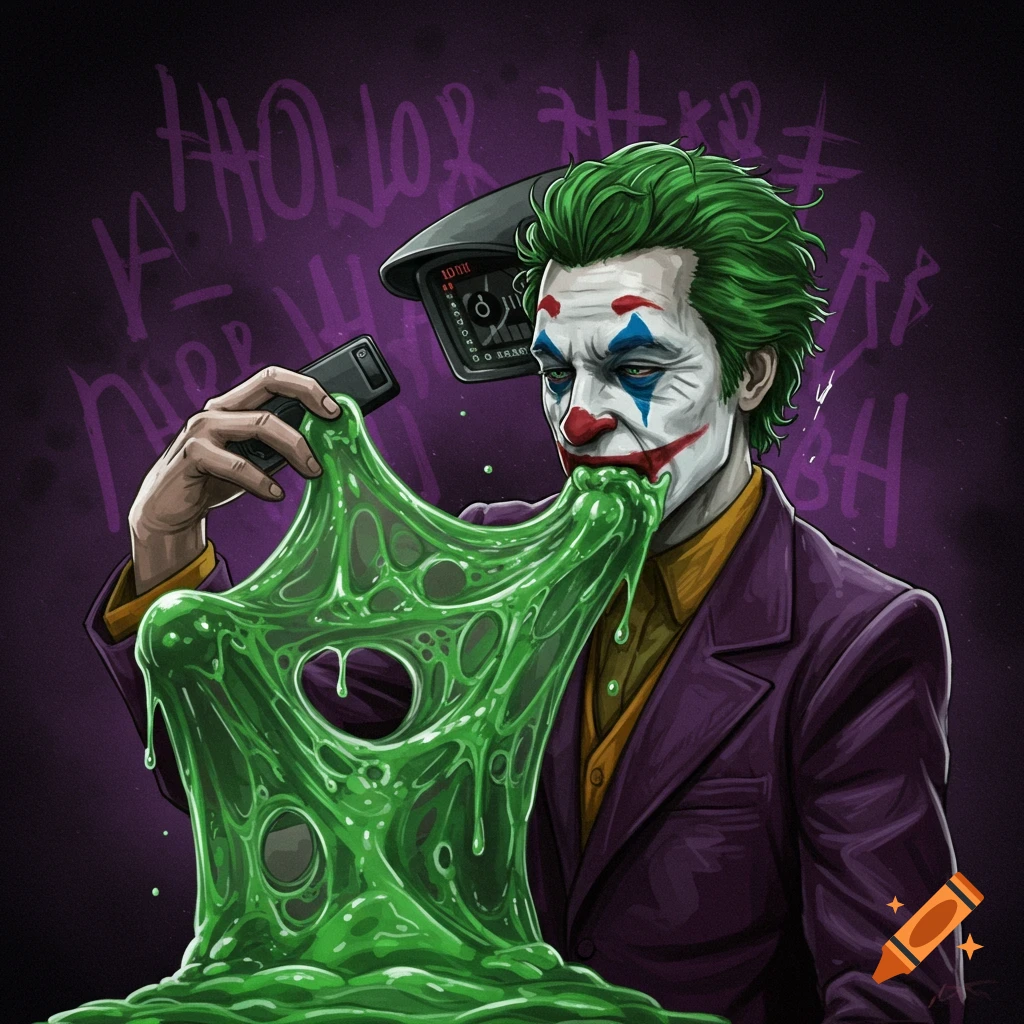 Illustration of The Joker vomiting green slime, with a CCTV camera and background graffiti.