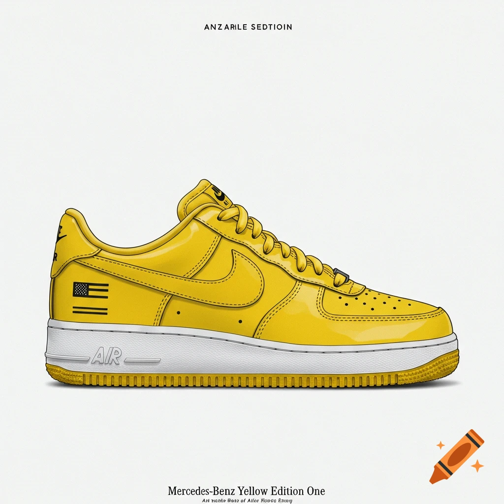 A bright yellow Air Force 1 style shoe with a white sole, black Nike swoosh, and a black and white American flag symbol on the back heel.