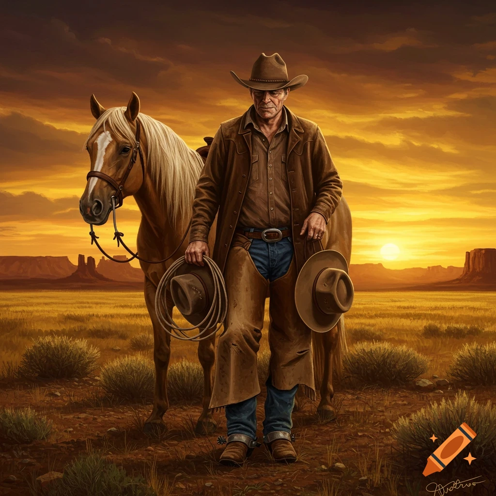 A cowboy stands beside his horse in a Western landscape at sunset.