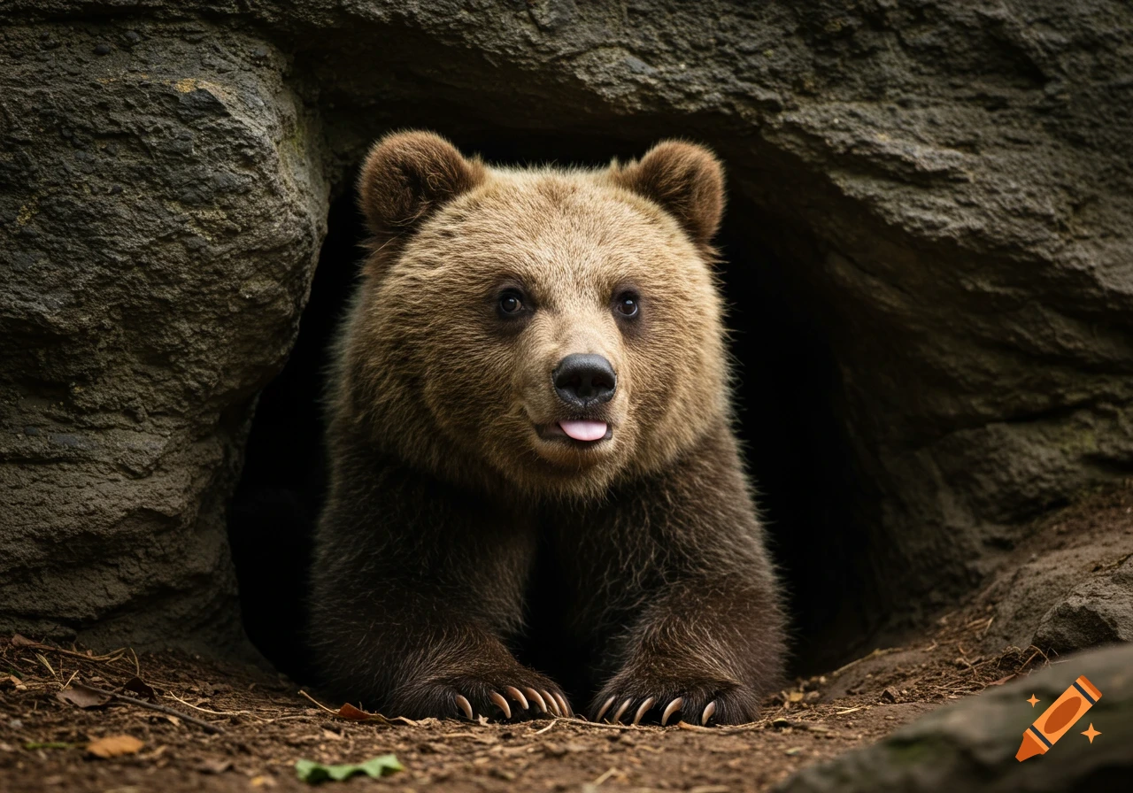 A close-up, photorealistic photo of a brown bear cub sitting in a dark den opening, sticking its tongue out.