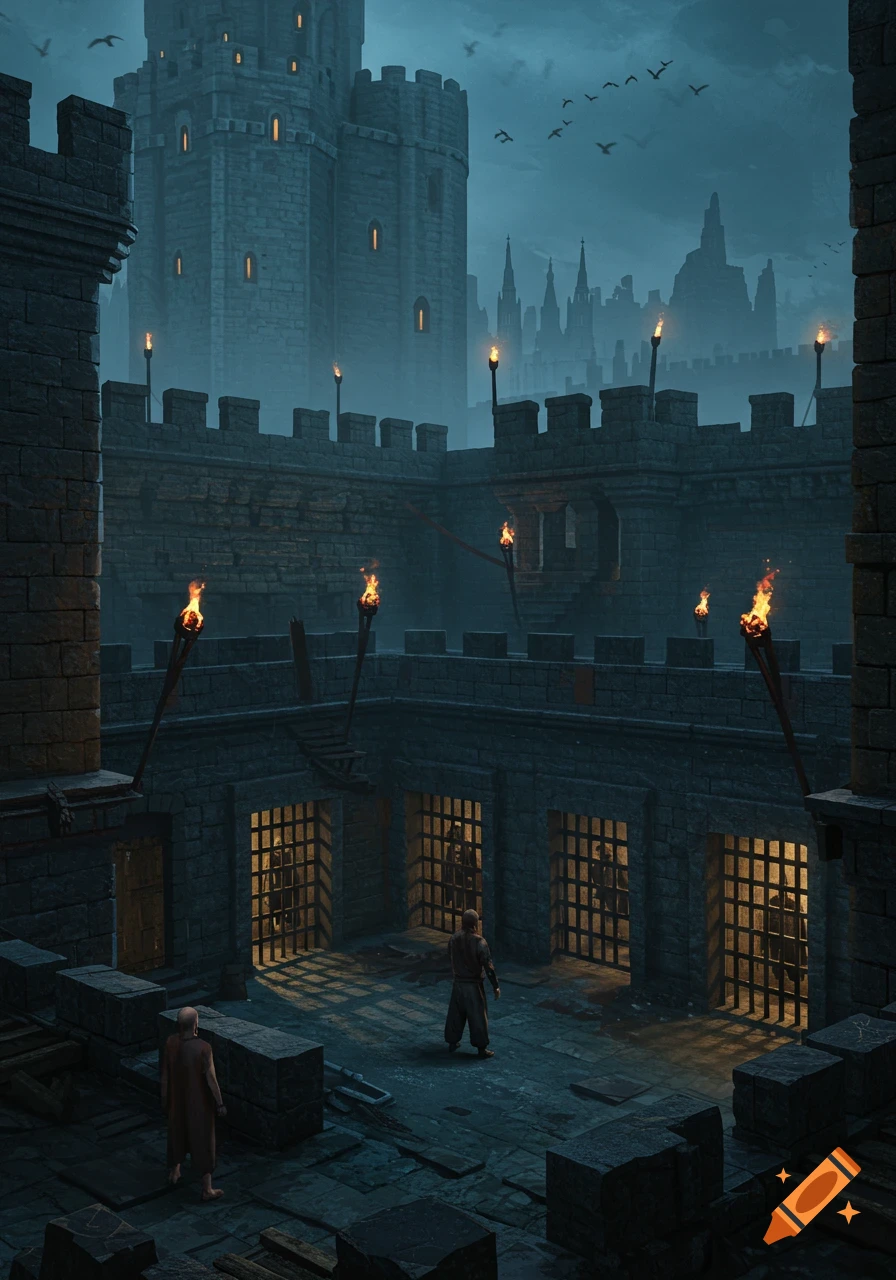 A dark courtyard inside a castle prison at night, lit by torches. Figures stand near barred cells.