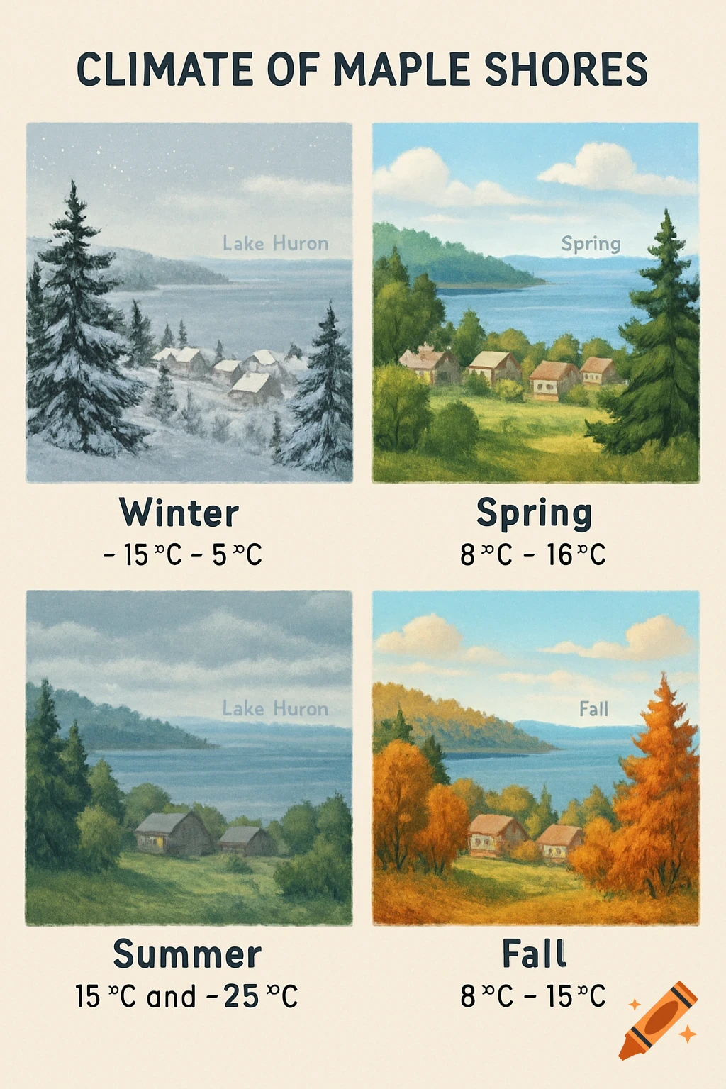 A four-panel illustration shows the landscape of Maple Shores in winter, spring, summer, and fall, with season names, Lake Huron labels, and temperature ranges below each panel. The style resembles a watercolor painting.
