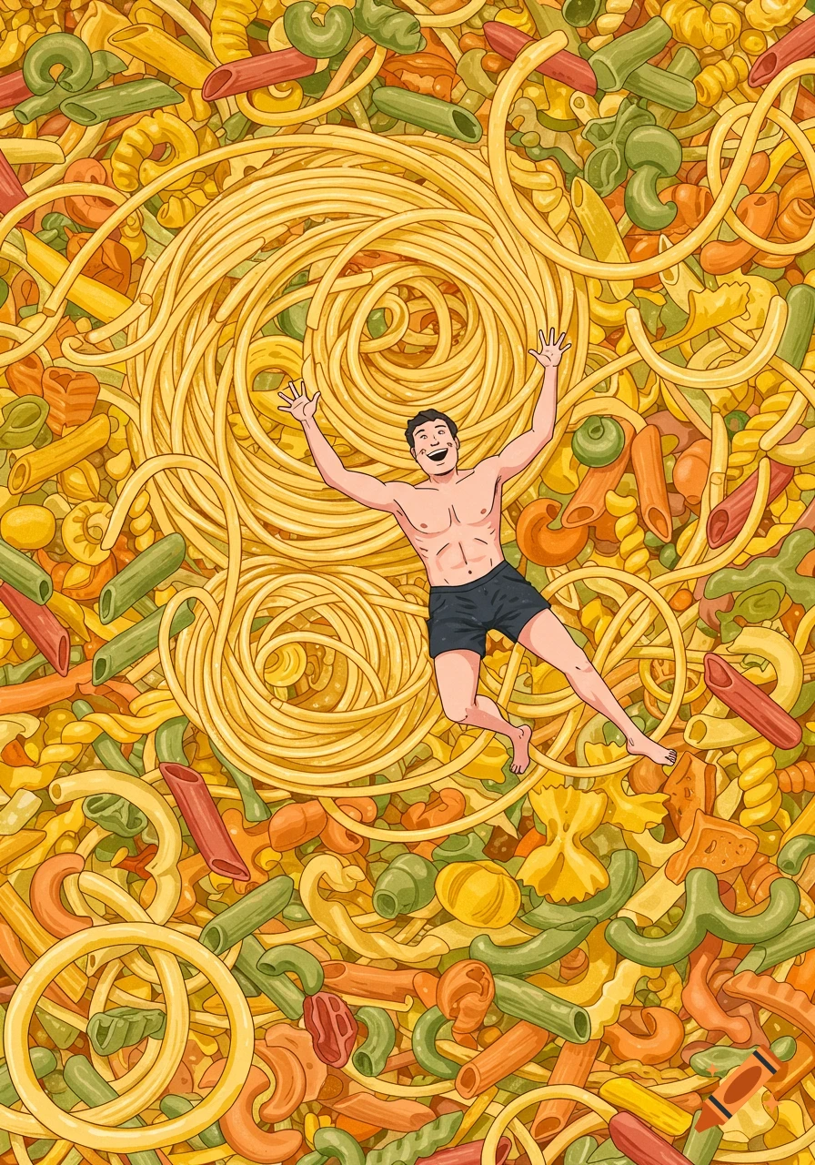 Illustration of a man jumping happily in a large pile of various types of pasta.