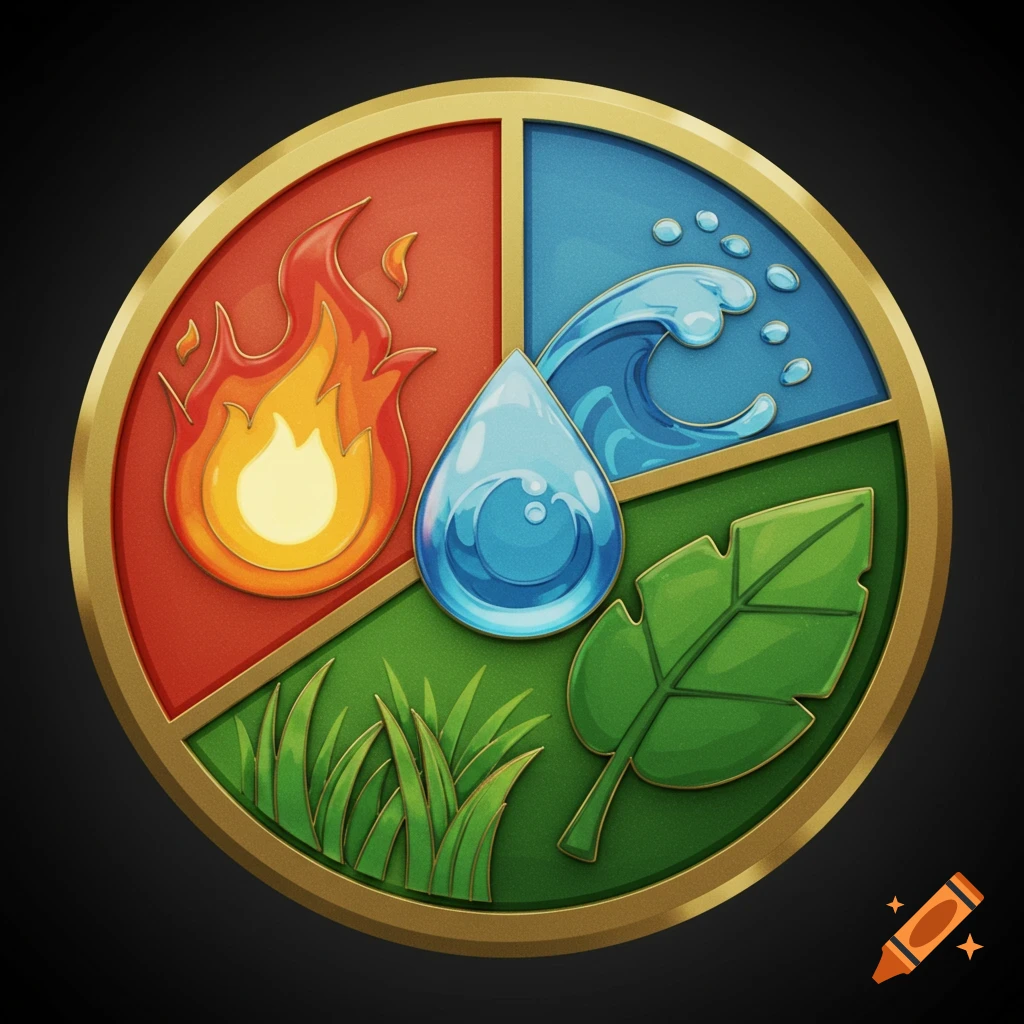 A circular pokemon badge with fire, water, and grass elements around a central water drop, stylized illustration.
