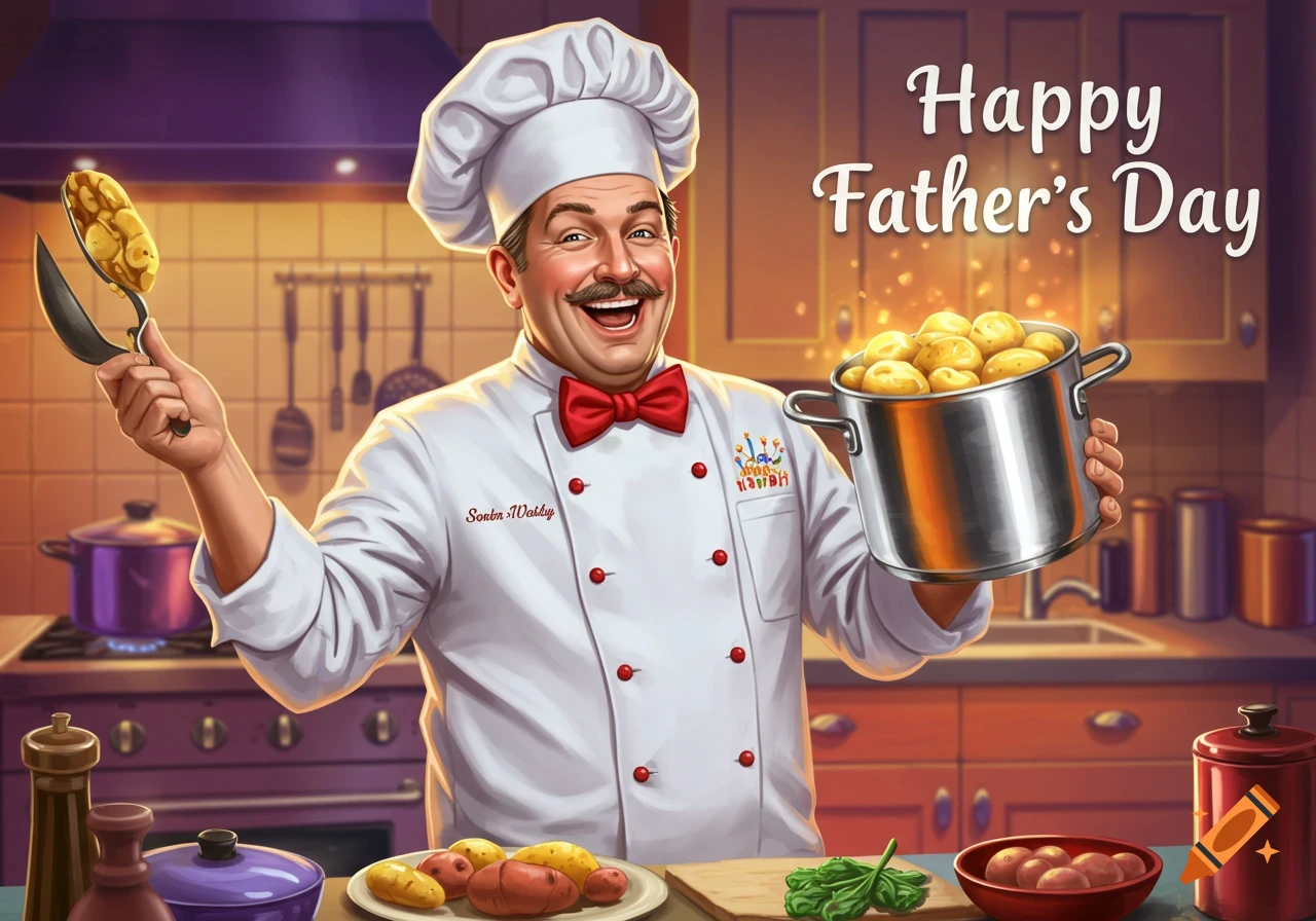 Digital illustration of a smiling chef holding a pot of potatoes, with 'Happy Father's Day' text.