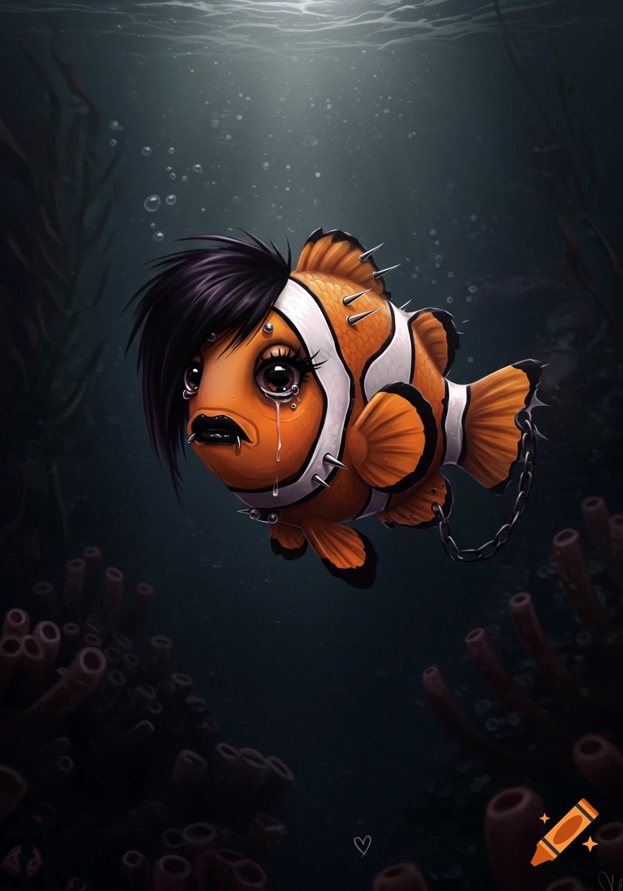 Illustration of a sad emo clownfish with black hair, spikes, piercings, and a chain, crying underwater.