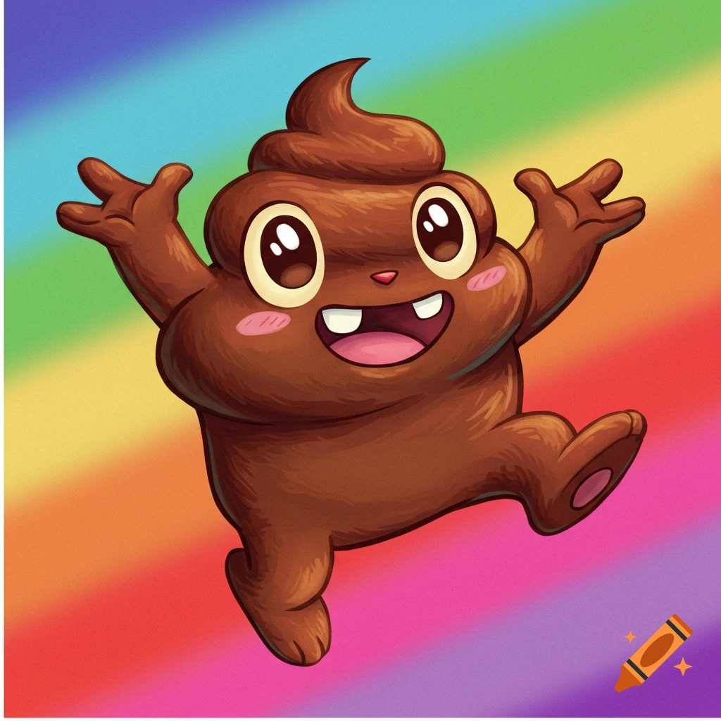 A cheerful cartoon poop character stands on a rainbow background.