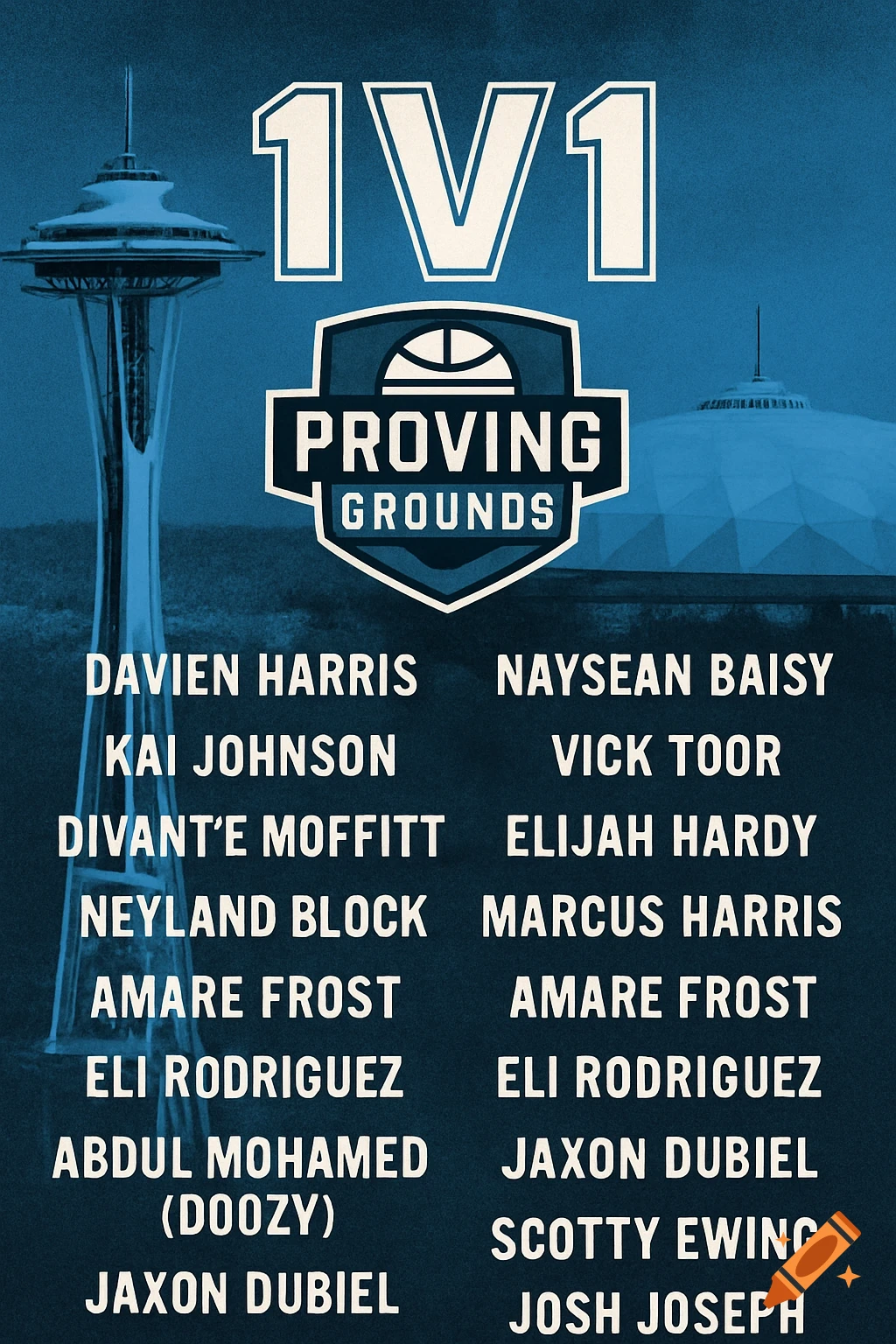 Basketball event graphic listing names with Seattle Space Needle and Tacoma Dome in background.