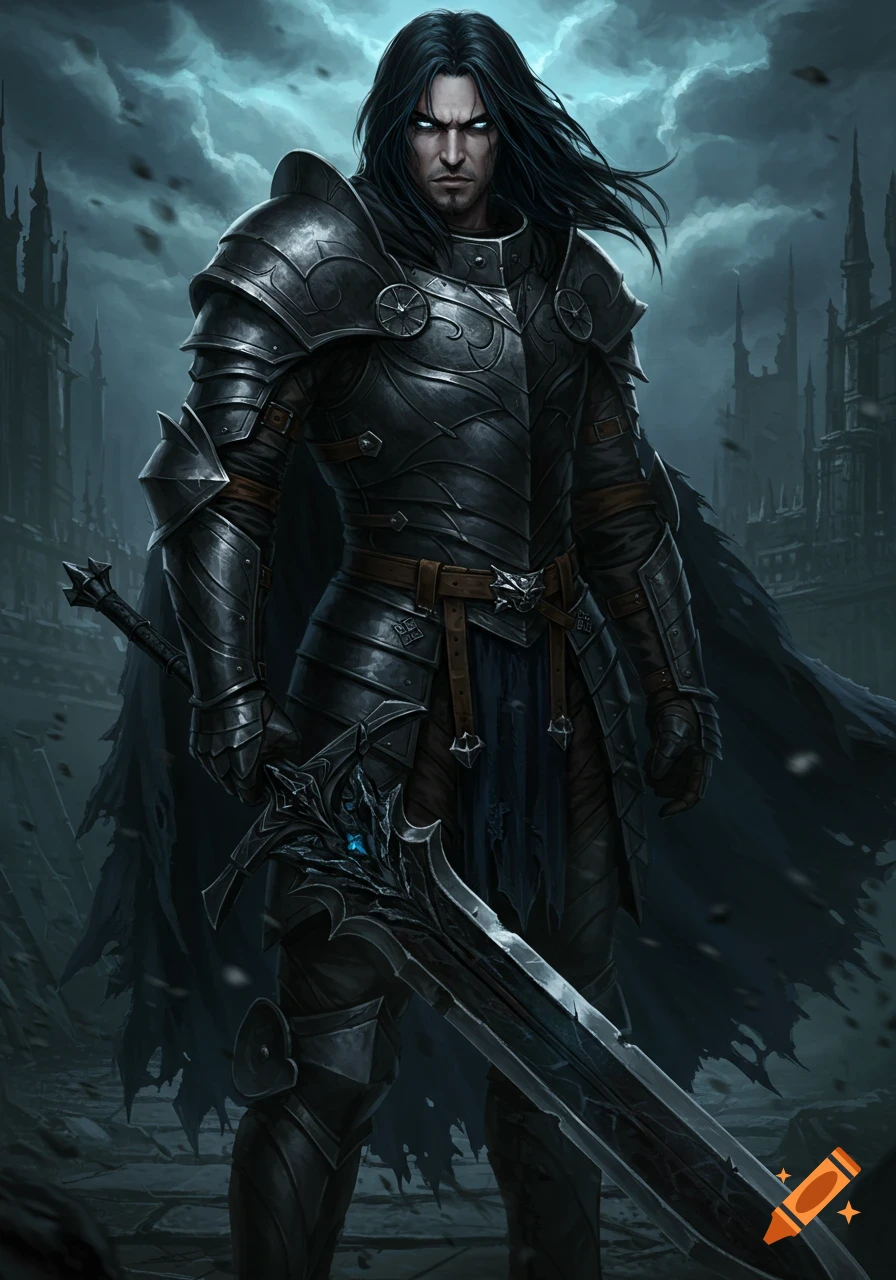 A dark fantasy knight in full armor stands in ruins, holding a large sword under a stormy sky.