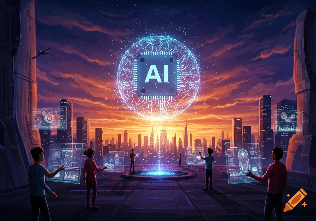 Futuristic city scene with people interacting with holographic displays, centered around a large glowing sphere representing AI.