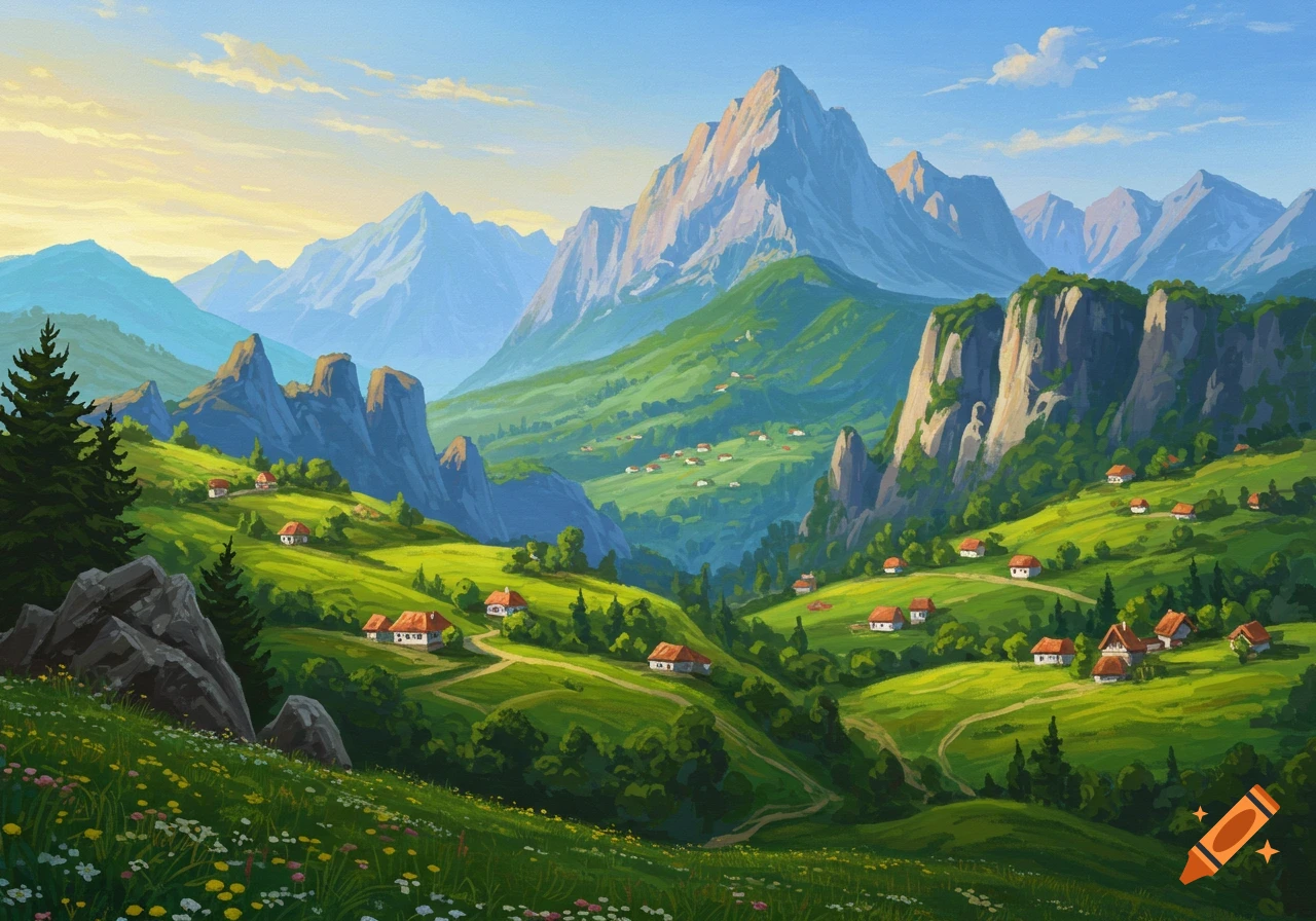 Painting of a mountain valley with houses nestled among green hills