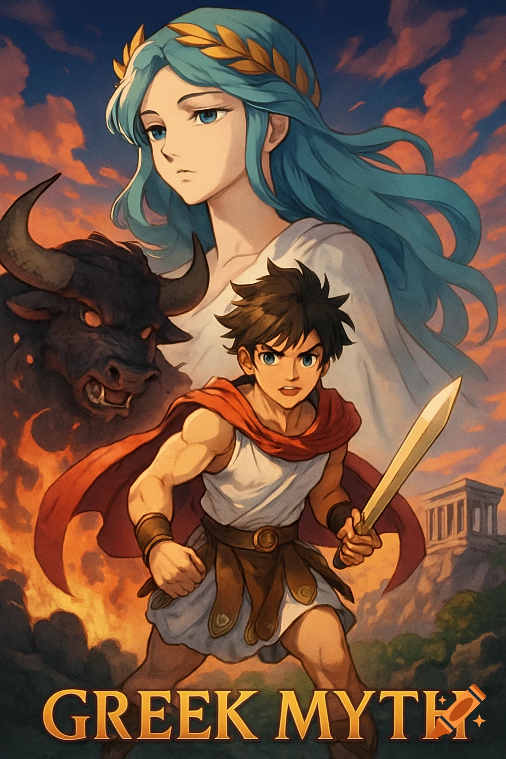 A young hero with a sword stands with a female figure and a bull behind him, text reads GREEK MYTH, in anime style.