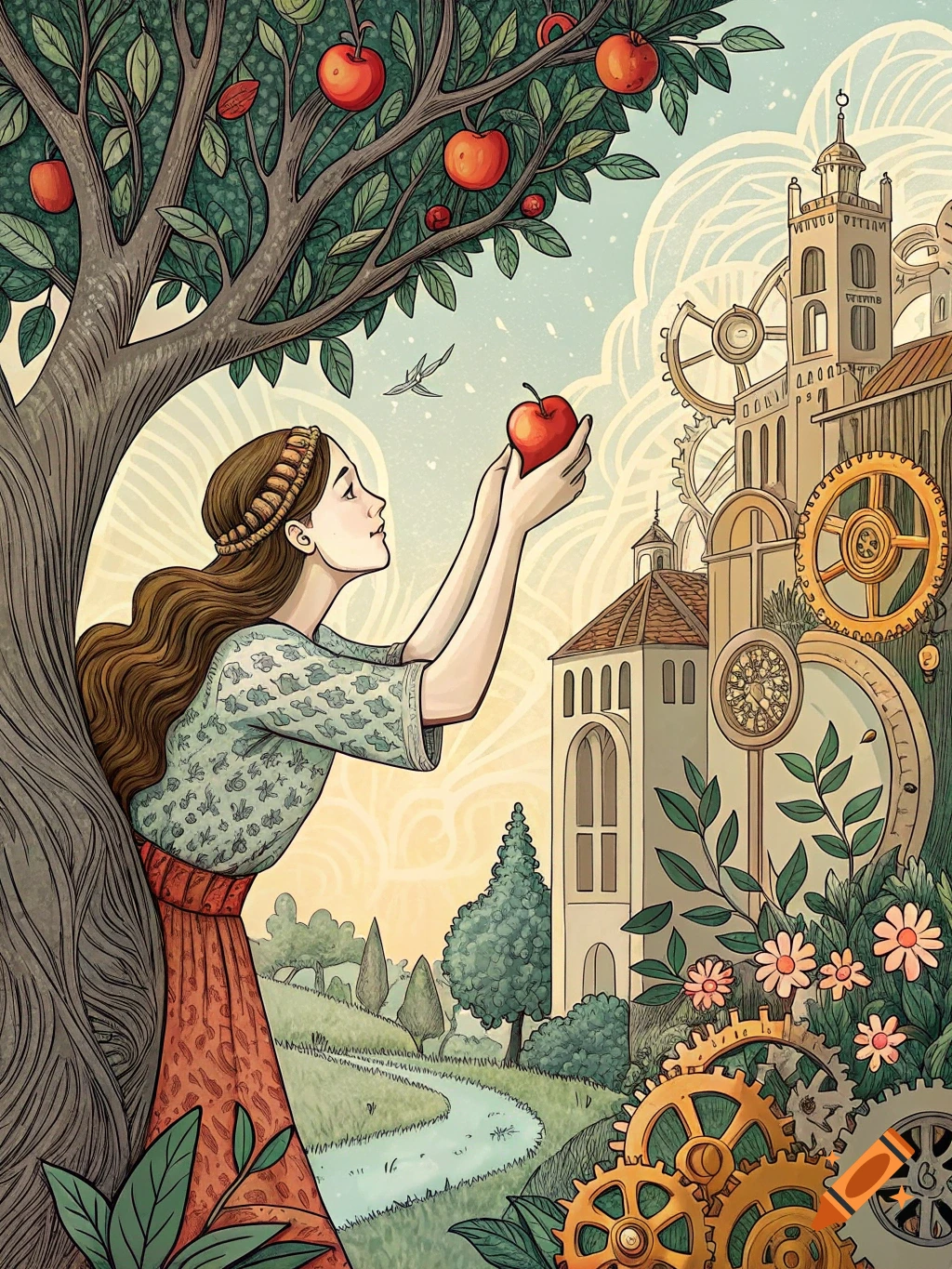 A woman reaches for an apple from a tree in a fantastical landscape with buildings and mechanical gears. Illustrated style.