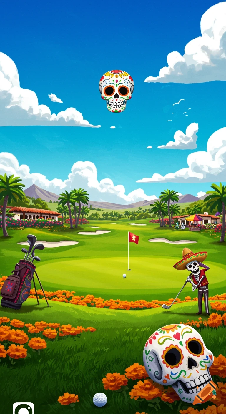 Cartoon illustration of a skeleton playing golf on a course decorated with marigolds and sugar skulls, with palm trees and buildings in the background.