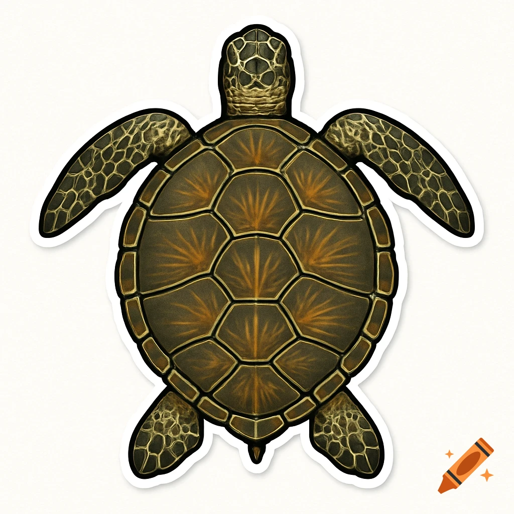 Top-down illustration of a sea turtle with a detailed shell pattern on a white background.